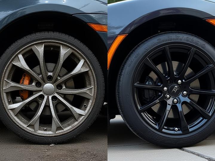 Side-by-side comparison of a car wheel, before showing heavy brake dust and after showing a perfectly cleaned, glossy finish.